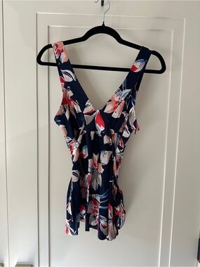 Guess Jeans 95% Silk Floral Tank Top | Size L | Navy Multi